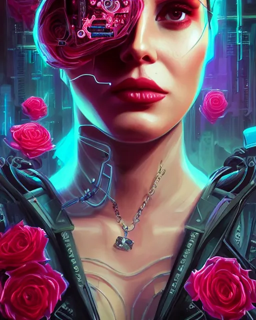 Image similar to portrait of lana del rey as a cyberpunk cyborg. sci - fi intricate abstract upper body intricate artwork, roses, rose petals by tooth wu, wlop, beeple, dan mumford. concept art, octane render, trending on artstation, greg rutkowski, asymmetrical, cinematic arthouse, key art, hyper realism, iridescent accents