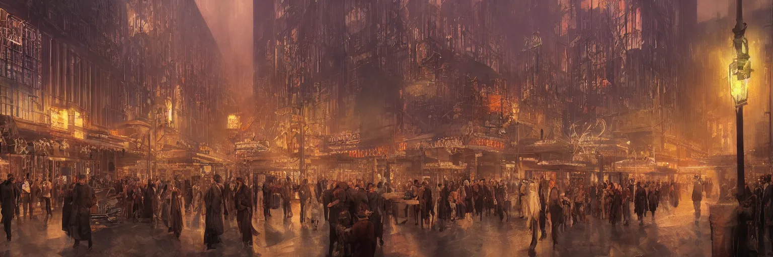 Image similar to Babylon Berlin. Night. Crowded Art deco restaurant. Berlin, late golden 1920s. Gropius. Metropolis. Mist. Highly detailed. Hyper-realistic. Cheerful. Merry mood. Warm colors. Dynamic composition. Matte painting in the style of Eddie Mendoza, Craig Mullins