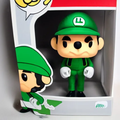 Prompt: Luigi wearing suit, as a Pop Funco Figure,