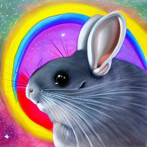 Prompt: oil painting of chinchilla with mean look in space with galaxy in background pooping rainbox jellybeans, rainbow jellybeans under chinchilla's tail