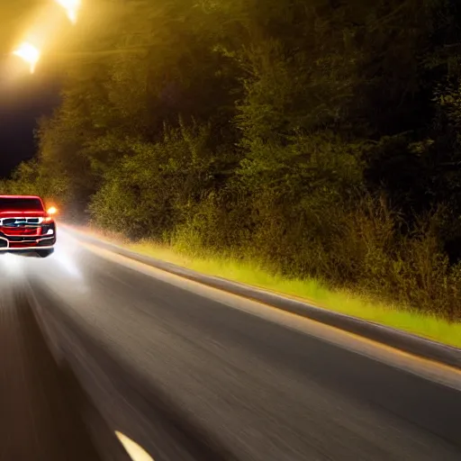 Prompt: ford f - 1 5 0 tailgating a car on the highway with the highbeams on, nighttime, photo, detailed