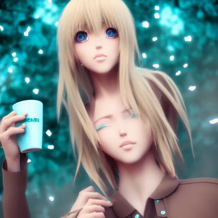 Image similar to coffee blond colored hair, teal pupils, symmetric facial structures, random background, bluish lighting, naturel, birthday, anime, rose suit, unreal engine 5 render, trending on artstation