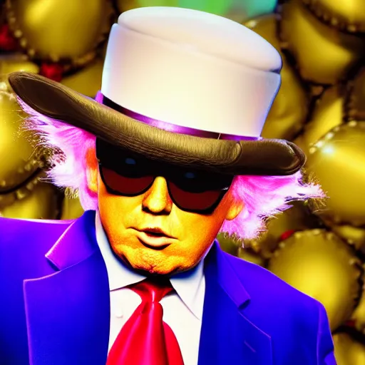 Image similar to portrait of donald trump as willy wonka in, fantasy, splash art, movie still, detailed face, photorealistic facial features, cinematic lighting, dramatic, octane render, long lens, shallow depth of field, bokeh, anamorphic lens flare, 8 k, hyper detailed, 3 5 mm film grain