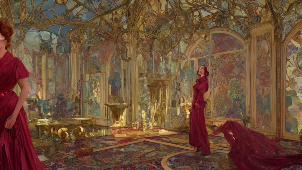 Image similar to a woman made of rubies stands in the living room, film still from the movie directed by Denis Villeneuve with art direction by android jones and donato giancola and alphonse mucha, wide lens, 4K, realistic