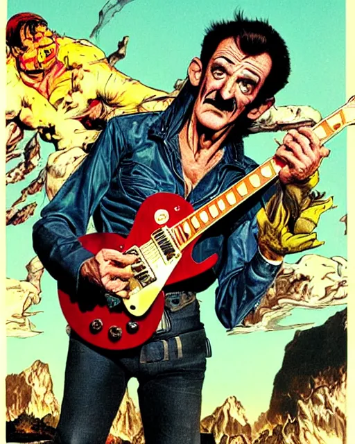 Prompt: barry chuckle ( shredding on a gibson les paul, art by glenn fabry and frank frazetta )