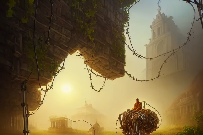 Prompt: a walking ancient city mounted on mechanical legs, vines, pilar, hyperrealistic, highly detailed, cinematic, single ray of sun, fog, beautiful, cgssociety, artstation, 8 k, oil painting
