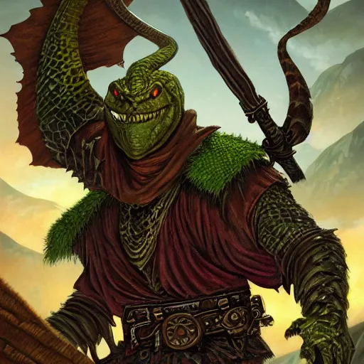 Prompt: anthro mean looking reptile warrior wearing cloak, dnd illustration by jeff easley and dan mumford, character concept trending on artstation