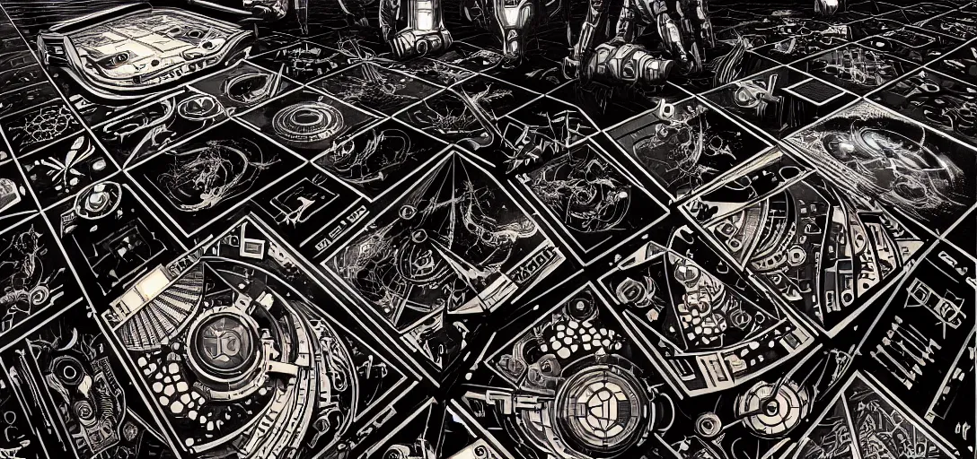 Image similar to cyberpunk steampunk tech tiled floor, one point perspective, high details, bold line art, by vincent di fate and joe fenton, inking, screen print, masterpiece, trending on artstation, sharp, hyper - detailed,, hd, 4 k, 8 k