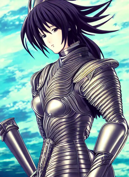 Image similar to key anime visual portrait of a woman knight in ceremonial armor, dynamic pose, cinematic, film grain, face by murata range, armor designed by gutsav klimt