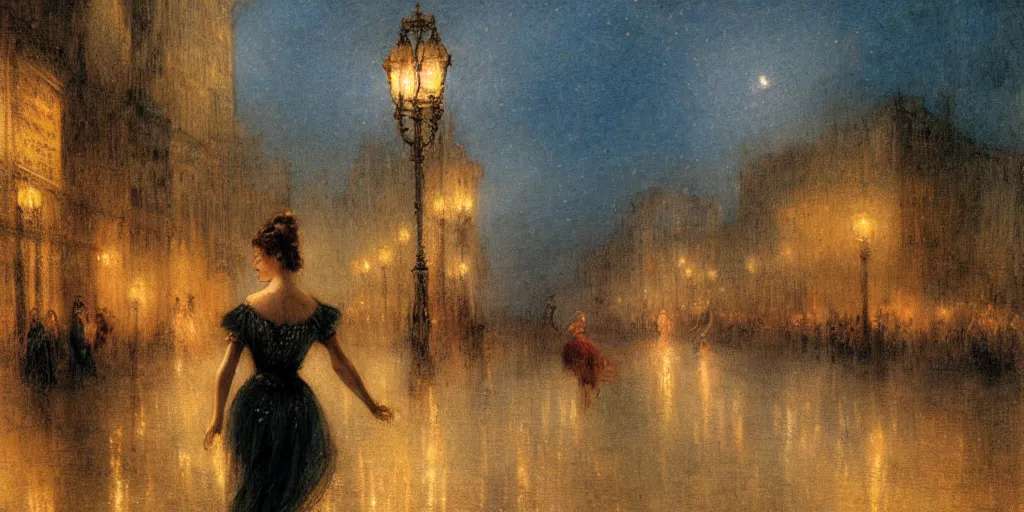 Prompt: a hiper intricate oilpainting of a beautiful ballerina walking at midnight by the light of the street lights on the lonely bridge extremely detailed, sharp focus, wide view, smooth, digital illustration, colorfull, by william turner art, by edmund dulac