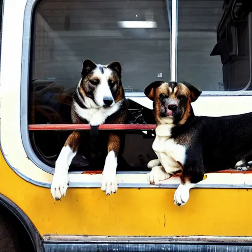 Image similar to !dream a street photo of two dogs sitting in front of the bus