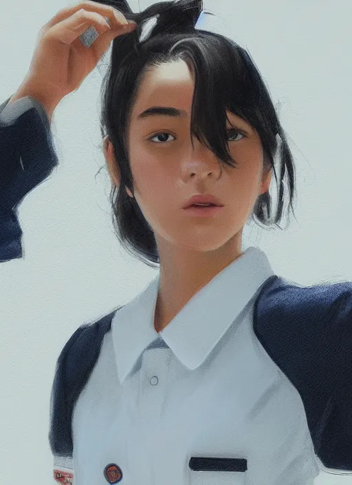 Image similar to Italian Mexican teen female wearing a navy and white Japanese school uniform, posing in Waikiki, sigma female, portrait art by James Jean, highly detailed, digital painting, concept art, illustration, dim lighting with twilight rays of sunlight, trending on artstation, very detailed, smooth, sharp focus, octane render, close up