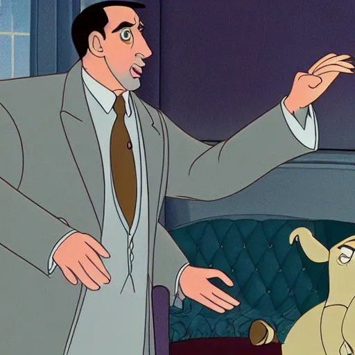 Image similar to steve carell in anastasia, don bluth animation, film still