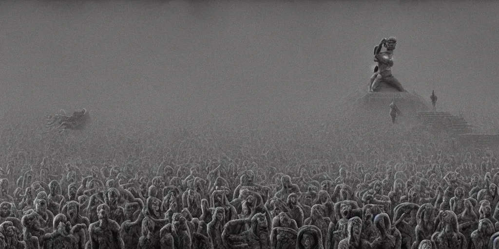 Prompt: highly detailed photograph a military sponsored coahella with crowds centered around statue of a roman mark zuckerberg, dust storm, cinematic, ultra realistic, realism, intricate, digital art, ambient, by beksinski, by jamie hewlett, gothic art style, 3 5 mm film grain, artstation