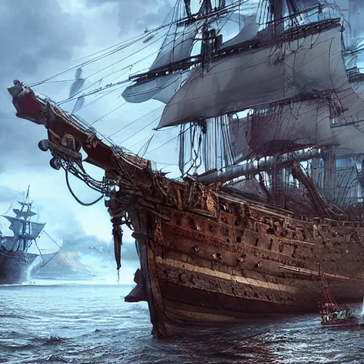 Image similar to the swedish 1 7 th century warship vasa, octane render, deviantart, greg rutkowski, cinematic, key art, hyperrealism