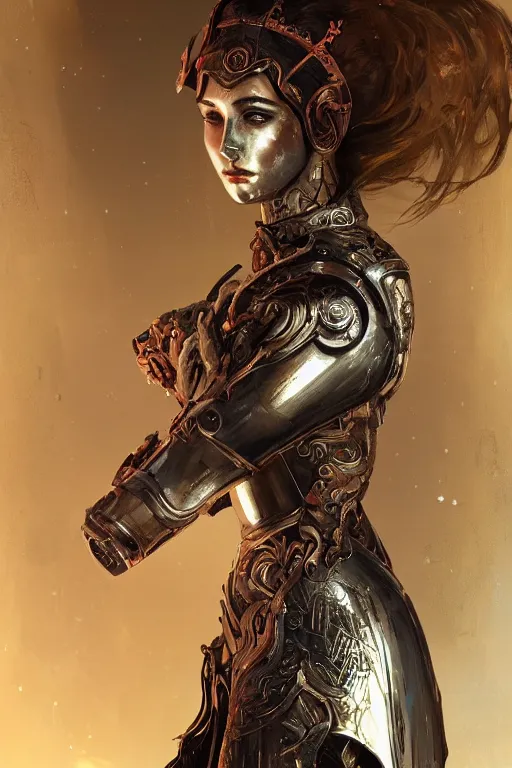 Image similar to portrait knights of Zodiac girl, metallic black and reddish reflected armor, in ruined Agora of Athens, ssci-fi, fantasy, intricate, very very beautiful, elegant, highly detailed, digital painting, artstation, concept art, smooth, sharp focus, illustration, art by tian zi and WLOP and alphonse mucha