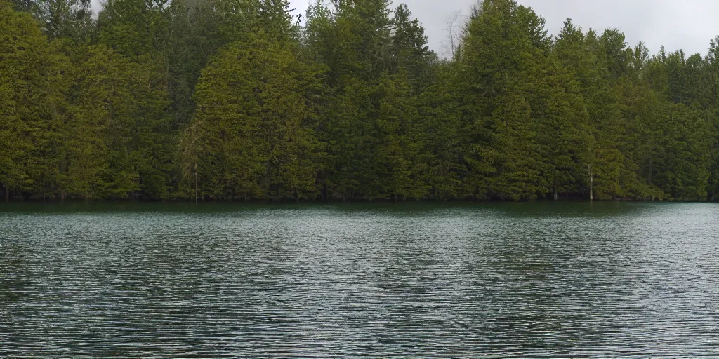 Image similar to color photograph of a very long rope on the surface of the water, the rope is snaking from the foreground stretching out towards the center of the lake, a dark lake on a cloudy day, trees in the background, anamorphic lens