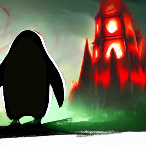 Image similar to penguin with red glowing eyes in front of a green glowing tower in the background, guild wars 2 art style