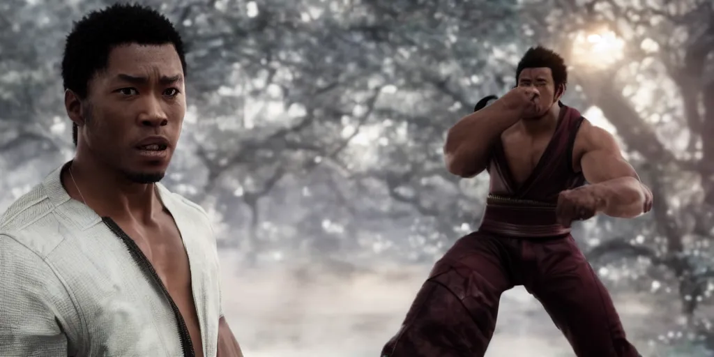 Image similar to a film still of a black man starring in a japanese blockbuster film as jin kazama from tekken, shallow depth of field, cinematic, award winning cgi, vfx, film still