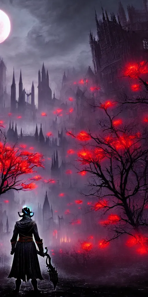 Image similar to populated bloodborne old valley with a dark person at the centre and a ruined gothic city in the background, trees and stars in the background, falling red petals, epic red - orange moonlight, perfect lightning, wallpaper illustration by niko delort and kentaro miura, 4 k, ultra realistic