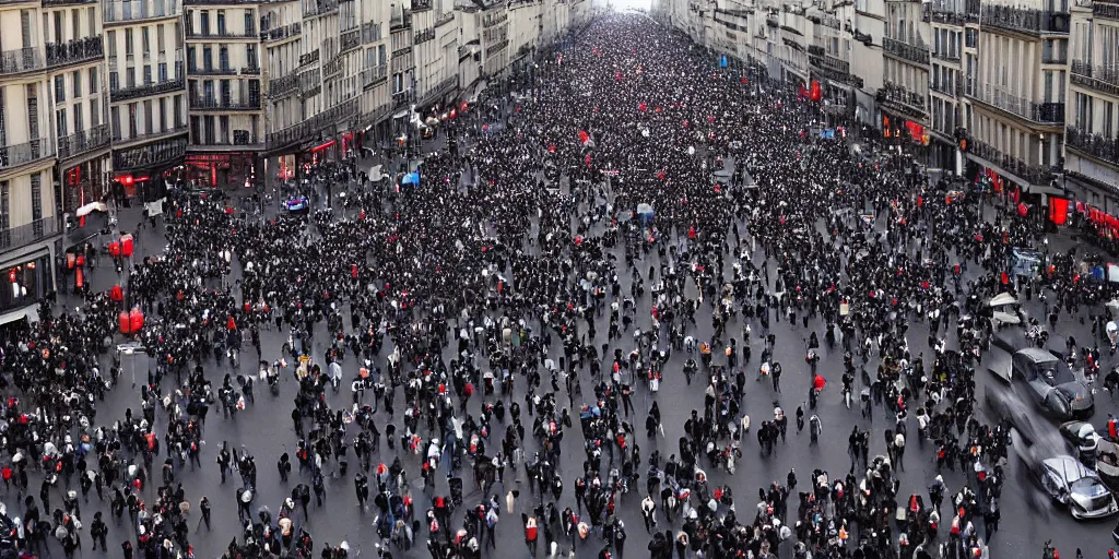 Prompt: million of people rioting on the streets of paris, champs - elysees, at night, wide angle