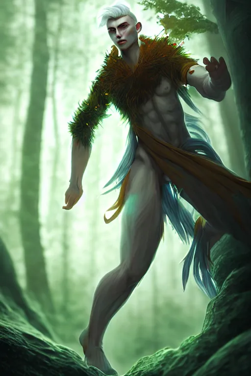 Prompt: a human elemental wizard, forest setting, colorful magic, male, epic, white skin, young, sharp, concept art, dynamic lighting, unreal engine, octane