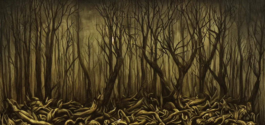 Image similar to A horror painting of a dark fantasy forest, pain, agony, sorrow