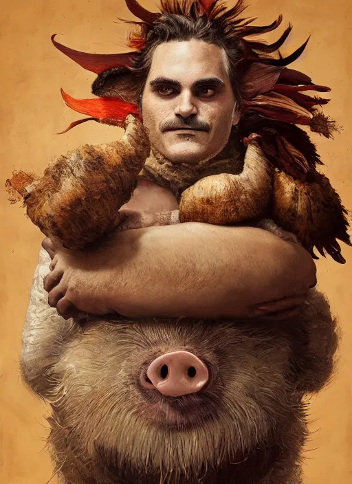 Image similar to a hyper detailed painting of an anthropomorphic joaquin phoenix, cow horns, pig nose, sheep wool, chicken feathers, horror, by anna podedworna, by miklos ligeti, by diego maricato, by taran fiddler, by antonino truisi, by chris reddie, by jinsung lim, on artstation