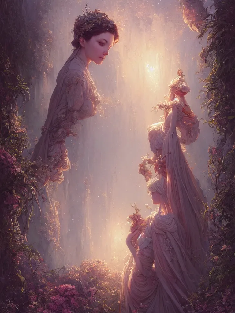 Image similar to highly detailed portrait of beautiful ethereal woman in ornate clothing, stephen bliss, unreal engine, fantasy art by greg rutkowski, loish, rhads, ferdinand knab, makoto shinkai and lois van baarle, ilya kuvshinov, rossdraws, tom bagshaw, global illumination, radiant light, detailed and intricate environment