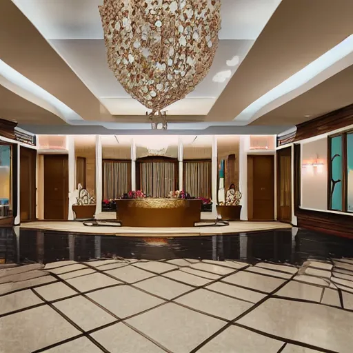 Image similar to wide angle view of an elegant hotel lobby, in the style of cell shaded anime, modern anime style, official anime still