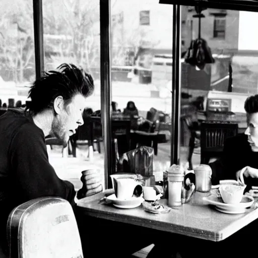 Image similar to tom waits and david bowie having breakfast at a diner, two shot angle, black and white