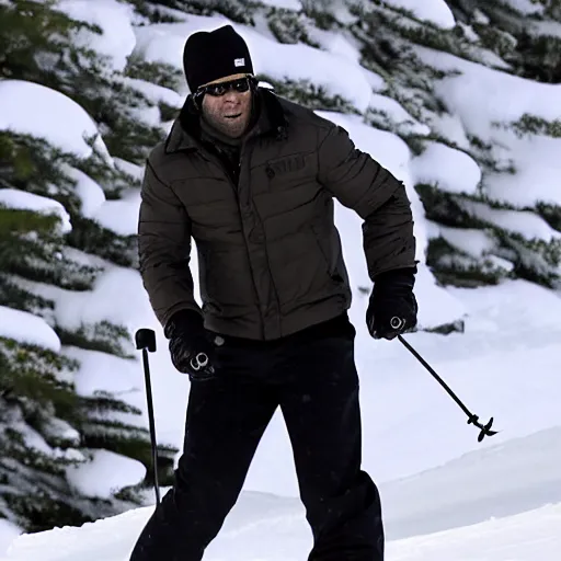 Image similar to jason statham skiing, full body shot, finely detailed