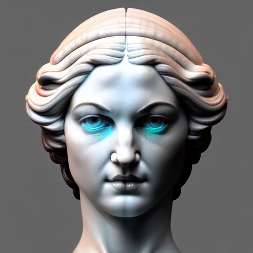 Prompt: sci - fi cgartist wide shot anaglyph ambient occlusion rendering of a hyper realistic marble greek statuary beautiful goddess head product photo bright white backdrop high key colored lighting, trending on artstation