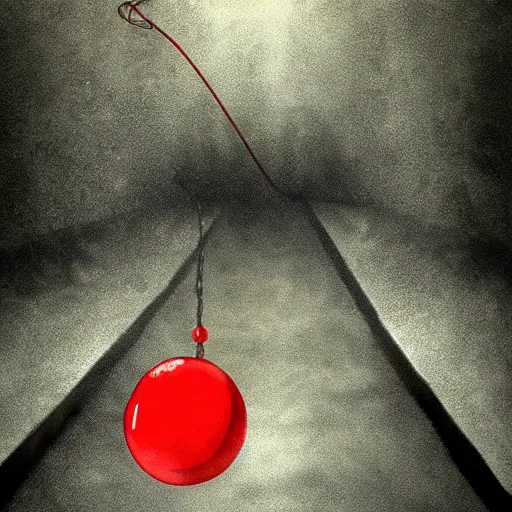 Prompt: down in the sewers of london, dark damp atmosphere, water dripping from the moss covered ceiling, a sinister dark figure is standing at the end of the sewer, a single red balloon with a string attached is floating above the water