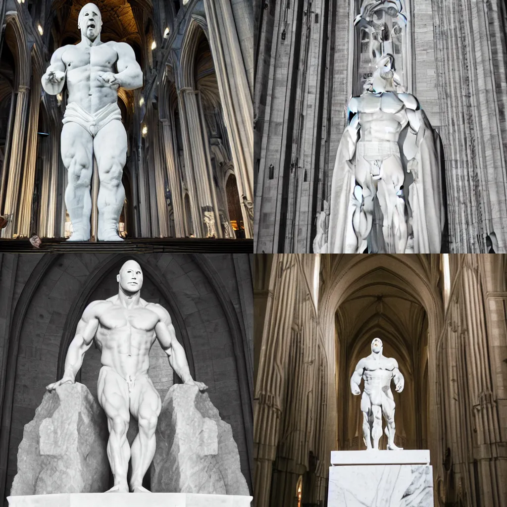 Prompt: Dwayne Johnson as a white marble sculpture in a huge cathedral, 70mm lens