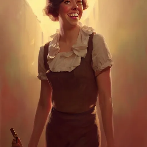 Prompt: portrait painting of aubrey plaza age 2 5, bright and energetic, with a sweet smile and floofy hair, render cinematic lighting art 1 9 2 0 period drama by bussiere rutkowski andreas rocha