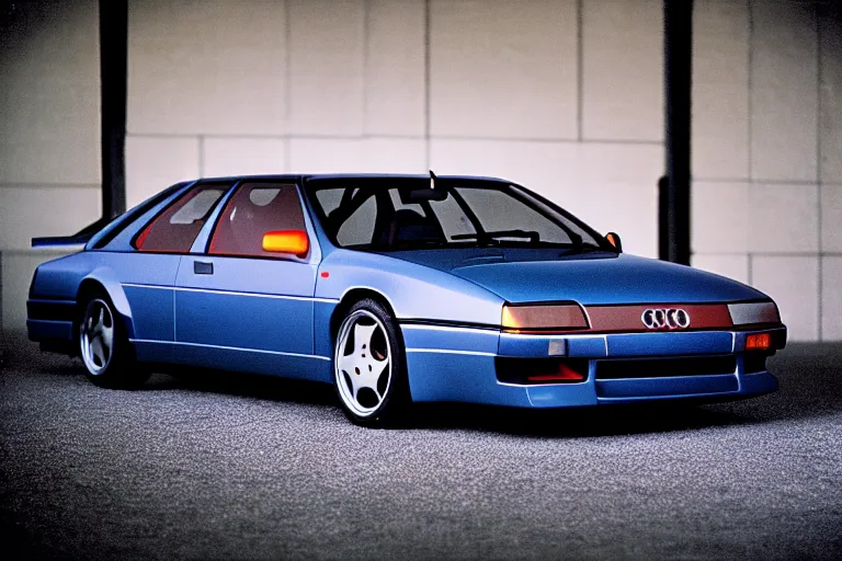 Prompt: designed by giorgetto giugiaro 1 9 9 1 audi rs 8 with turbine wheels, thick neon lights, ektachrome photograph, volumetric lighting, f 8 aperture, cinematic eastman 5 3 8 4 film