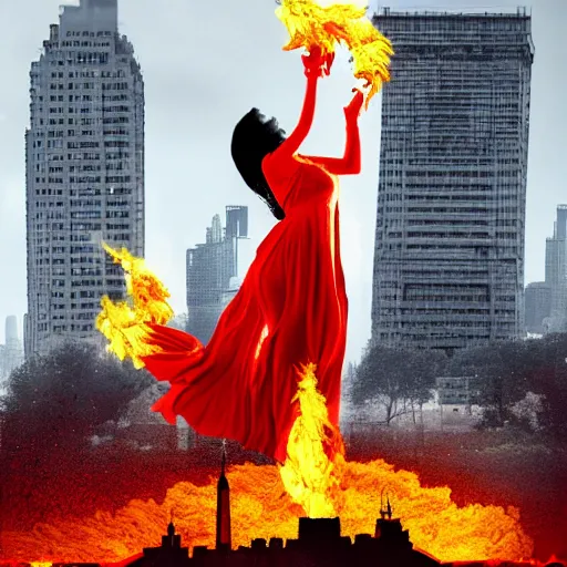 Prompt: a woman on fire, city on fire, giant, photoshop, sci - fi, award winning, photo manipulation