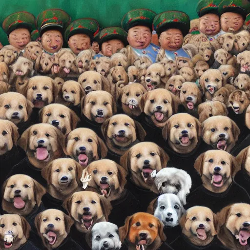 Prompt: oil painting of Kim Jong-un smiling and standing above a crowd of cute puppies in a mountain range, 8k, highly detailed, highly intricate,