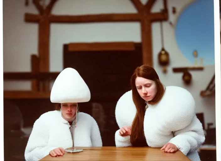 Image similar to realistic photo of a two medieval female scientists wearing white cotton jackets, watching at a levitating fluffy furry cloud, living room laboratory interior is made of wood 1 9 9 0, life magazine reportage photo, natural colors