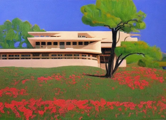 Image similar to painting of a frank lloyd wright house in front of beautiful mountains by wayne thiebaud