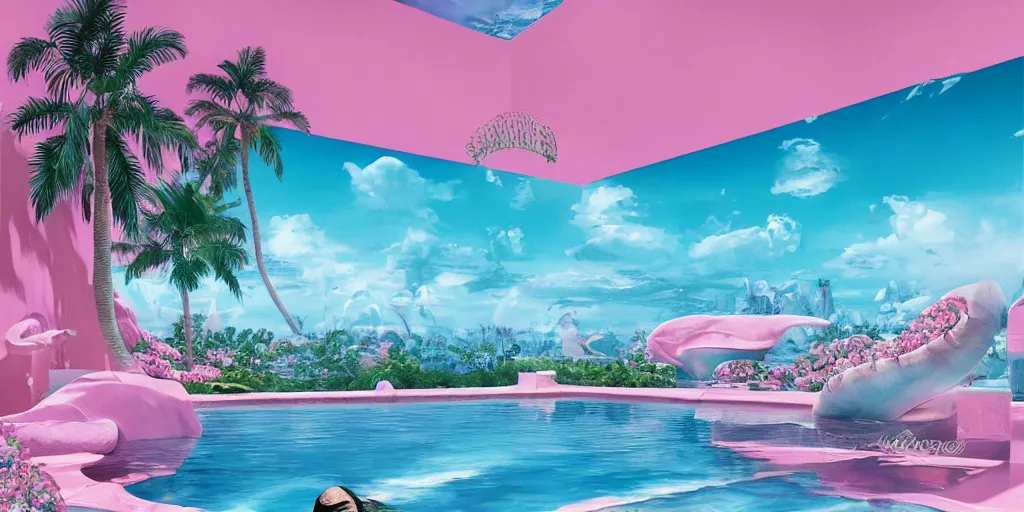 Prompt: masterpiece, hyperrealistic surrealism, award winning masterpiece with incredible details, epic stunning, infinity pool, a surreal vaporwave liminal space, highly detailed, trending on ArtStation, calming, meditative, pink arches, flowing silk sheets, palm trees, very vaporwave, very very surreal, sharp details, dreamscape