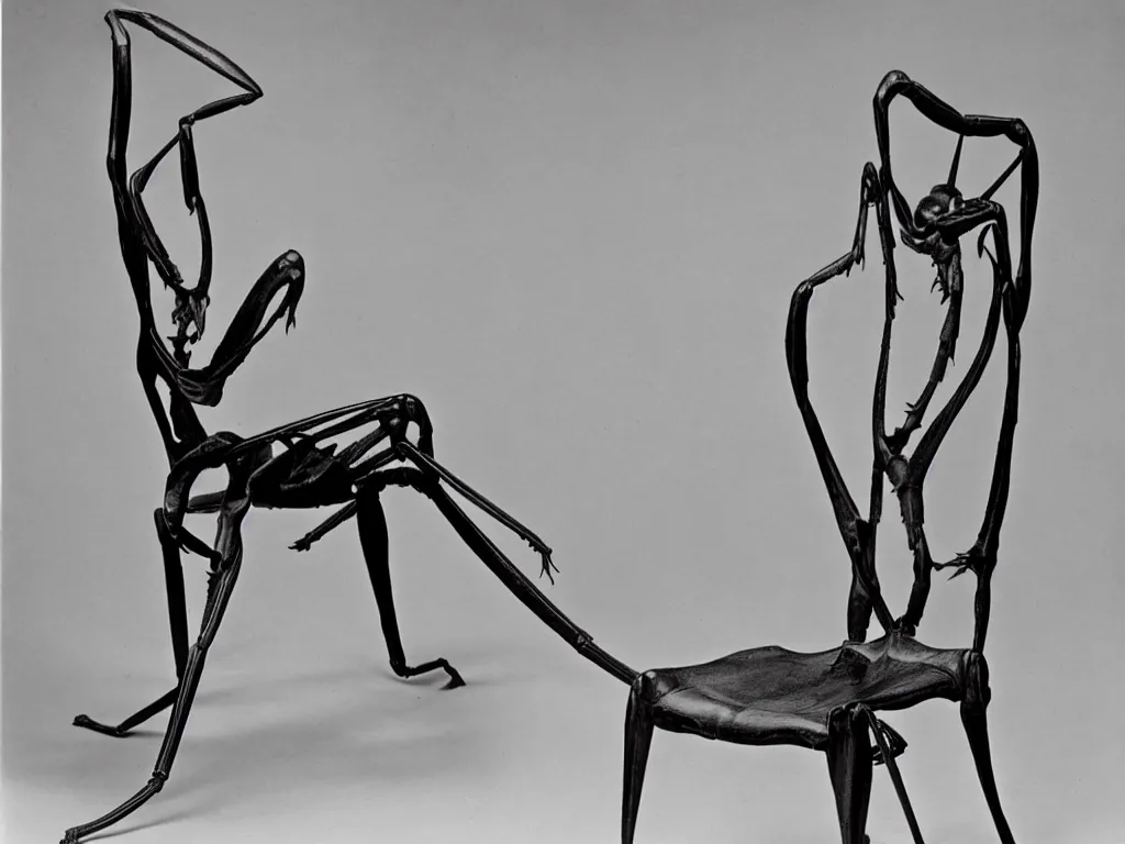 Image similar to gothic chair in the shape of a praying mantis. karl blossfeldt, salvador dali