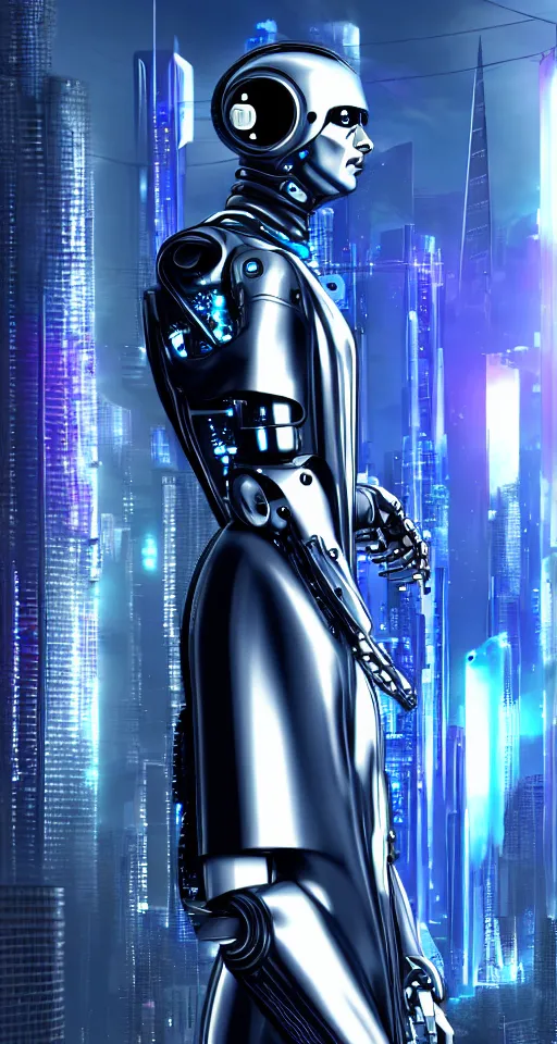 Image similar to cyberpunk man portrait, robotic, metallic, steel, shiny, cyberpunk city background, cosmic, by Anne Stokes, 8K DoP