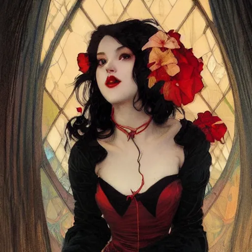 Image similar to portrait of a very beautiful vampire by Stanley Artgerm Lau , greg rutkowski, thomas kindkade, alphonse mucha, loish, norman rockwell, J. C. Leyendecker. dark black hair, pale skin, detailed eyes, red lips, smiling, looking straight. Trending on artstation rule of thirds detailed ink painting hd 4k