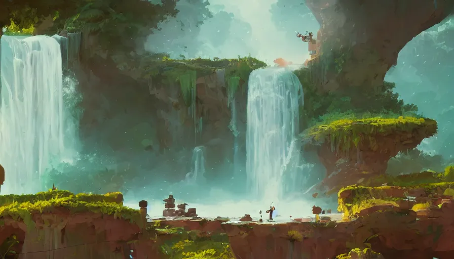 Prompt: a broken robot under a waterfall, rustic, birds flying around it, shiny, lush environment, dormant, nearby, sharp focus, james gilleard, cinematic, game art, extremely detailed digital painting, print