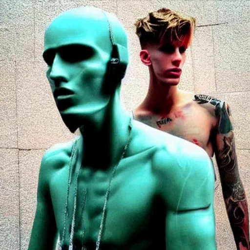 Prompt: “a realistic detailed photo of a guy who is an attractive humanoid who is half robot and half humanoid, who is a male android, rapper Machine Gun Kelly, shiny skin, posing like a statue, blank stare”