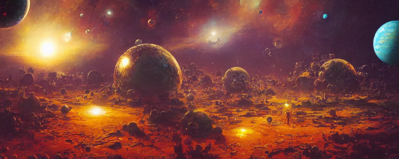 Image similar to ” planet and moons made of blood and rats, [ bubbles, by paul lehr, cinematic, detailed, epic, widescreen, opening, establishing, mattepainting, photorealistic, realistic textures, octane render ] ”