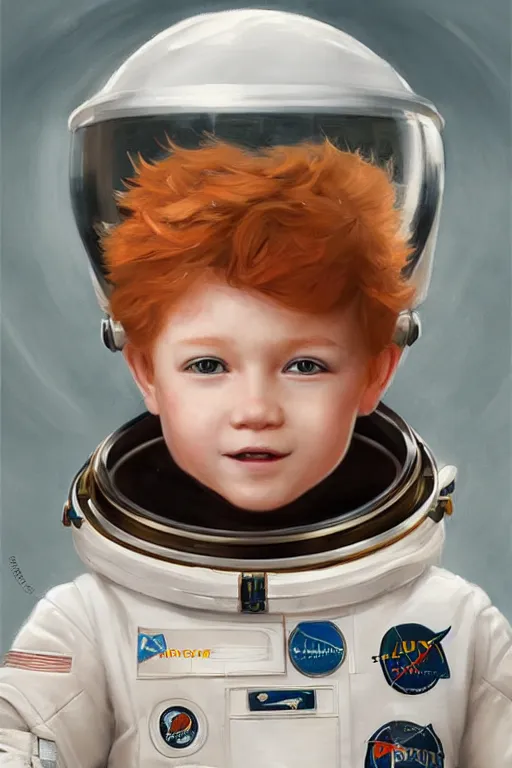 Image similar to a little boy with a michievous face and ginger hair. he is an astronaut, wearing a space suit. clean elegant painting, beautiful detailed face. by artgerm and greg rutkowski
