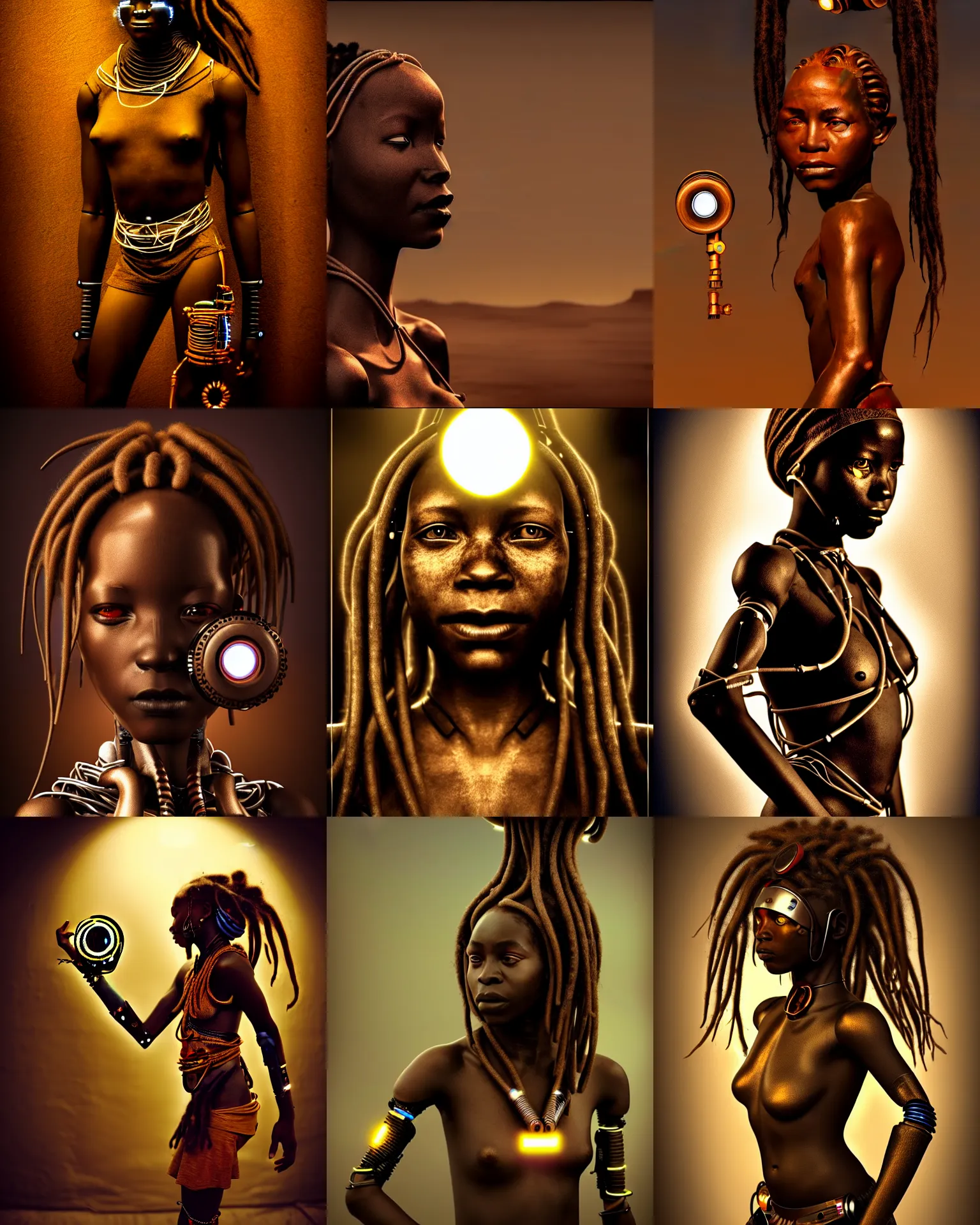 Prompt: futuristic himba young woman, glowing mechanical eye camera, mechanical limbs, cybernetic dreadlocks, realistic sci - fi concept art, dramatic lighting, intricate, depth of field, full body, sepia